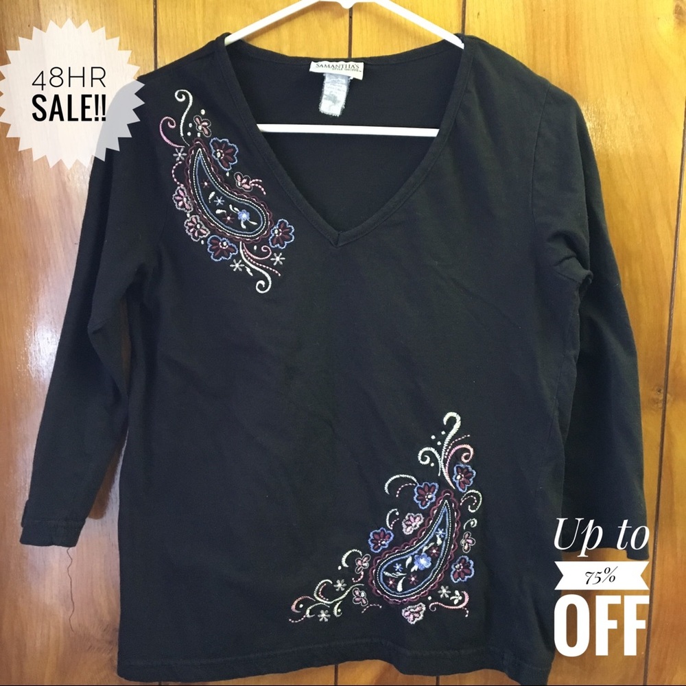 Samanthas Long Sleeve Black Embroidered Shirt Top